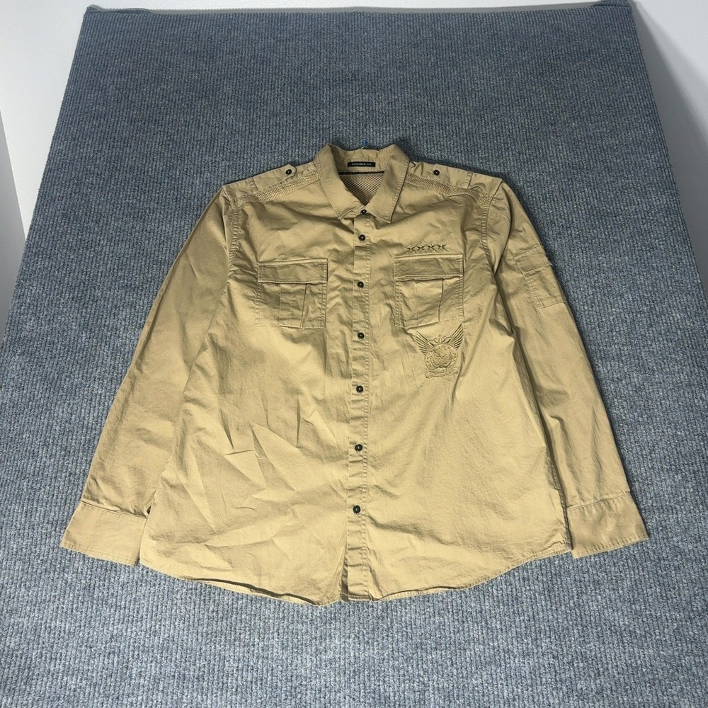 Sean John Button Up Shirt Mens 3XL Tan Tailored Fit Long Sleeve Military Utility
